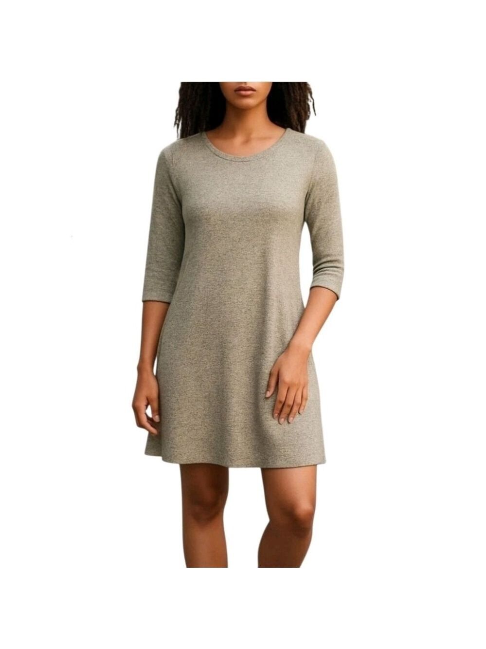 KLD Signature Tan Soft Comfy Knee Length Pockets Knit Sweater Dress Size Small
